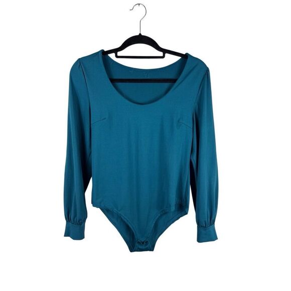 Women Plain Long Sleeve Slim Fit Bodysuits Basic V Neck Casual Jumpsuit Teal- si - Picture 3 of 6